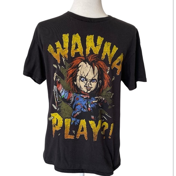 Chucky “Wanna Play” Shirt Mens Size Medium Black Horror Halloween Doll Universal - Picture 1 of 4